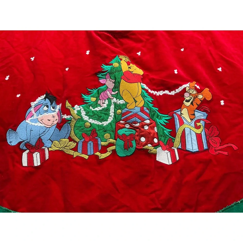 Disney Vintage Winnie the Pooh Embroidered Christmas Tree Skirt Red Green Velvet
